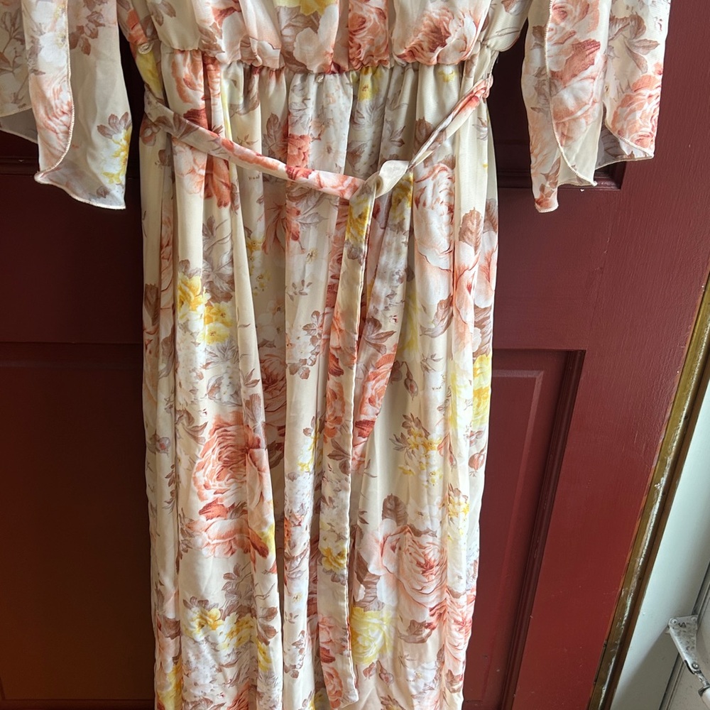 Kate and Lily floral polyester maxi dress split sleeves lined belt Sz 14W - Picture 3 of 7